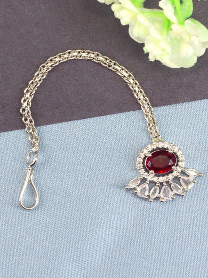 Silver Plated Red AD Maang Tikka for Women