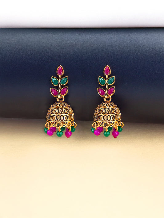 Antique Gold-Plated Leaf Artificial Stone & Beaded Jhumki Earrings