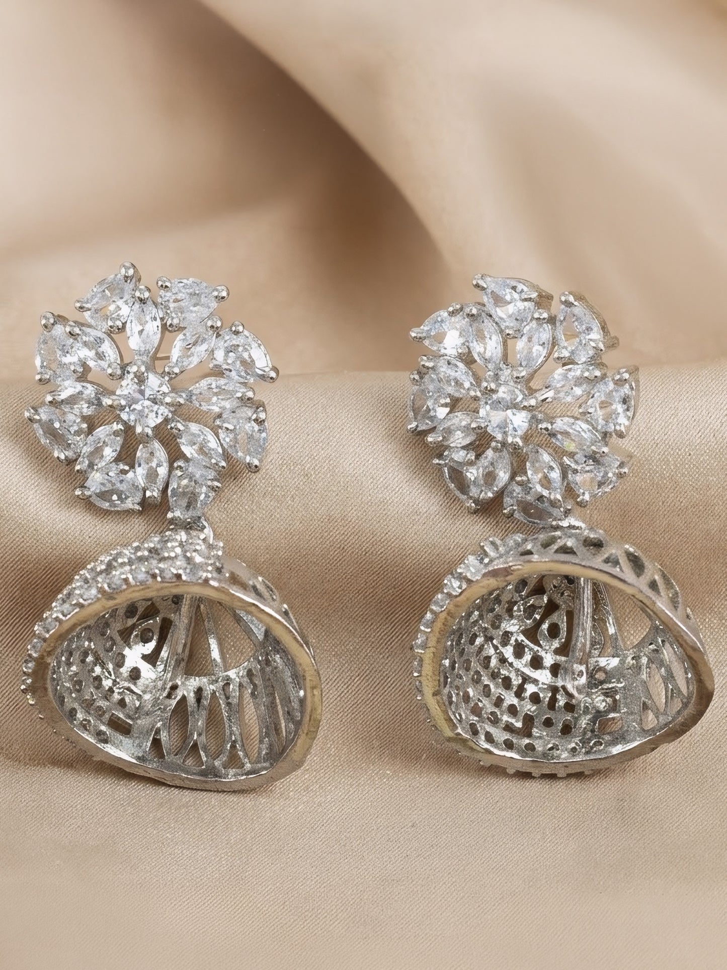 Silver Plated American Diamond Floral Diamond Jhumka Earrings for Women