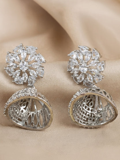 Silver Plated American Diamond Floral Diamond Jhumka Earrings for Women