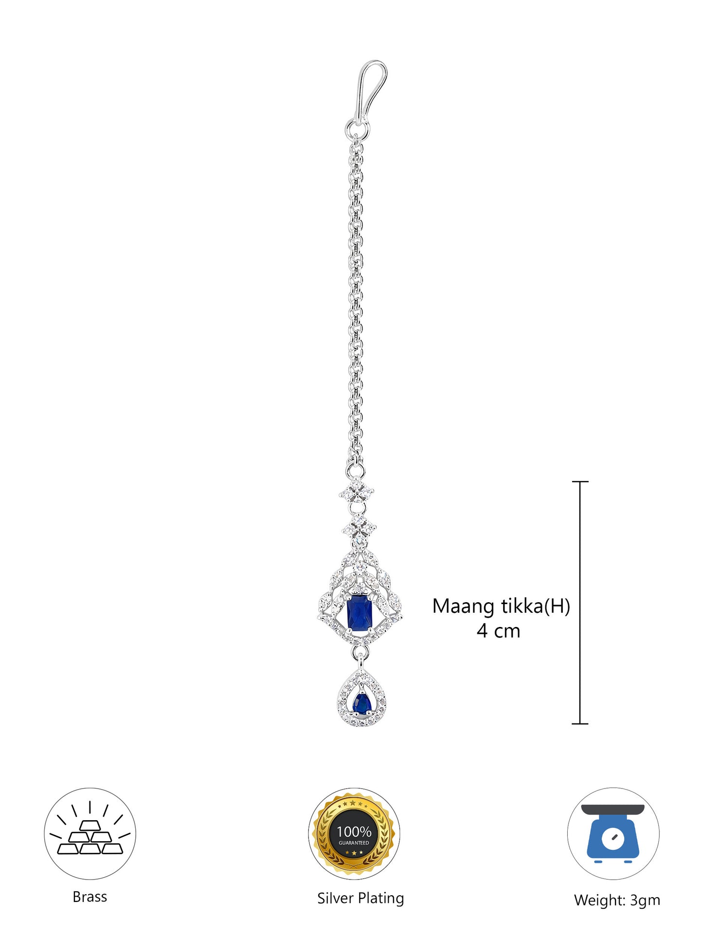 Rhodium Plated Blue AD Maang Tikka for Women