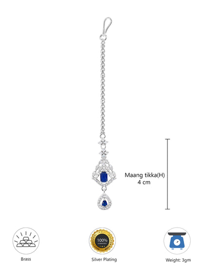 Rhodium Plated Blue AD Maang Tikka for Women