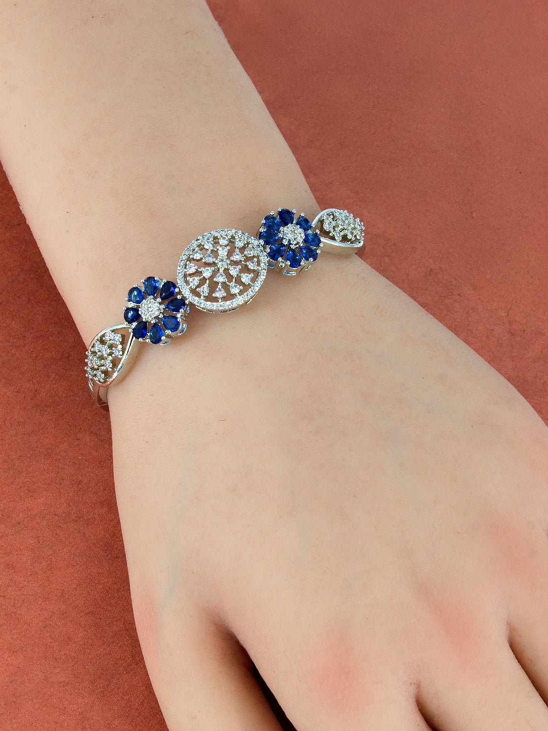Silver Plated Blue AD Floral Cuff Bracelet For Women