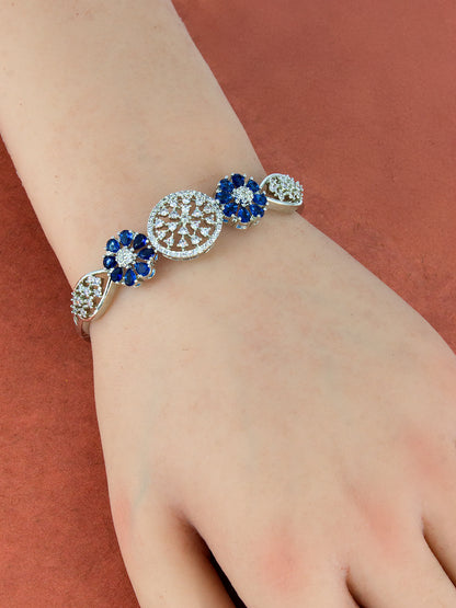 Silver Plated Blue AD Floral Cuff Bracelet For Women