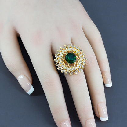 Gold Plated Green AD Adjustable Floral Ring for Women