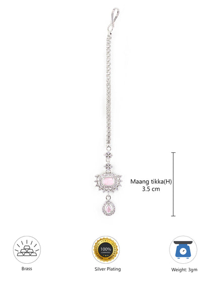 Silver Plated Pink AD Maang Tikka for Women