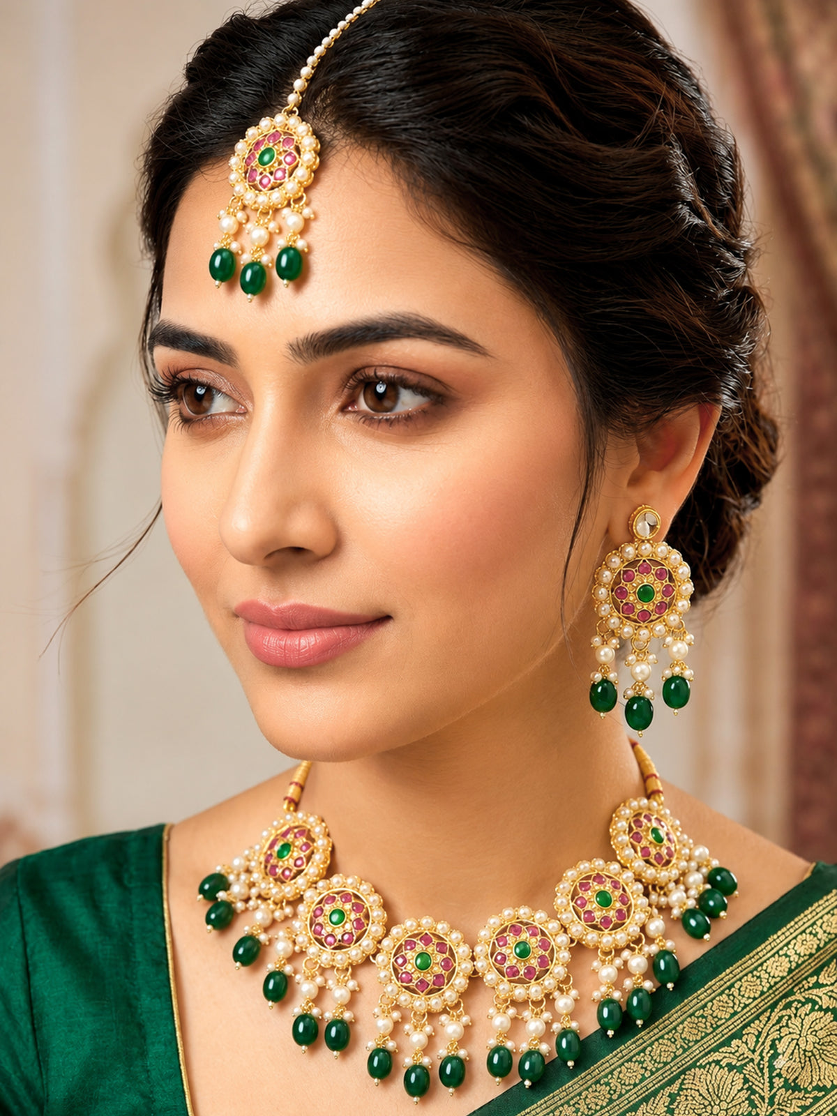 Gold-Plated Kundan Studded & Beaded Statement Jewellery Set