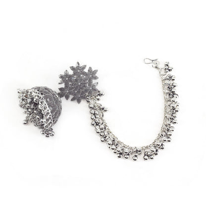 Silver Oxidised Floral Jhumka Earring with Chain for Women