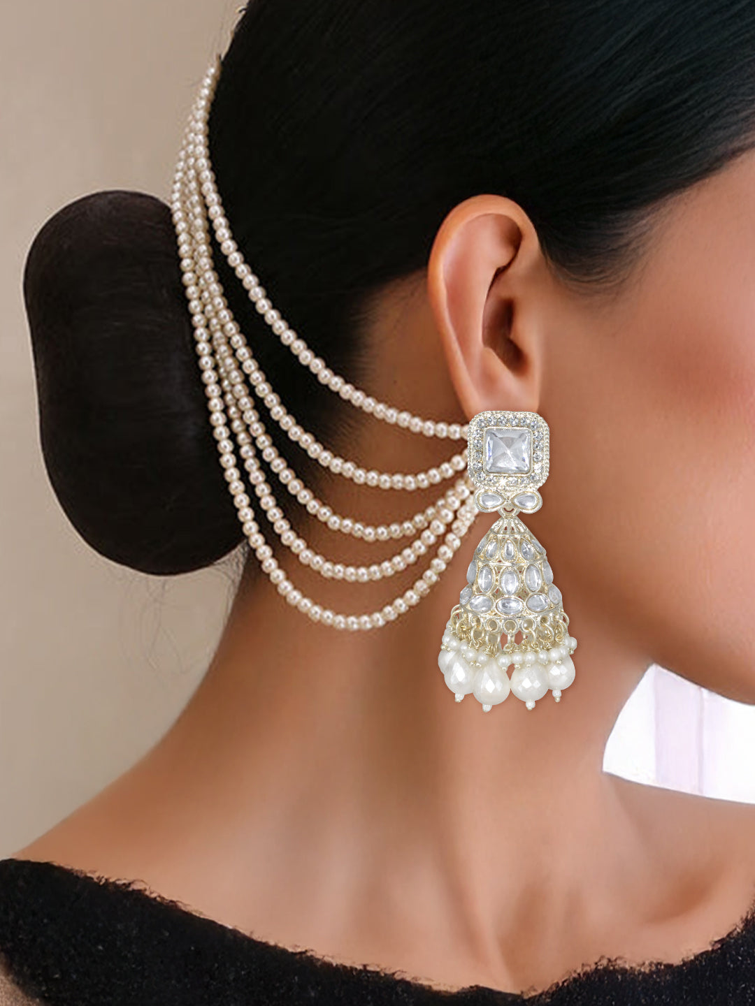 Gold-Plated Kundan-Studded Jhumka Earrings With Pearl-Beaded Hair Chain