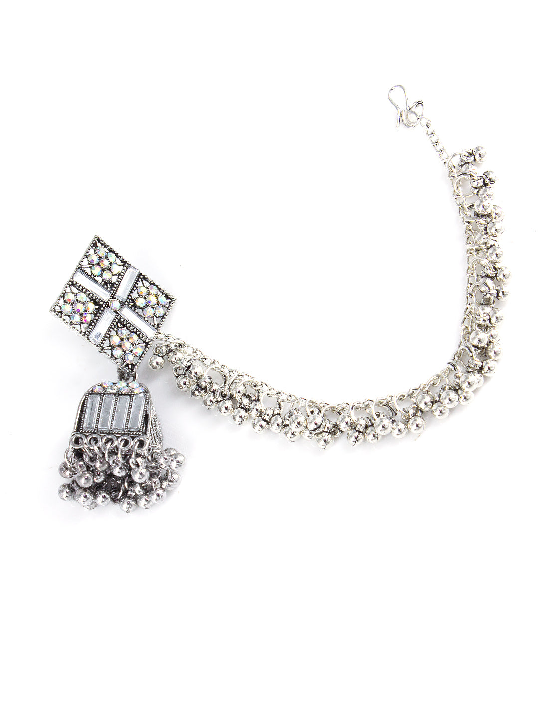 Silver Oxidised Rhinestone Studded Jhumka Earrings With Ear chain