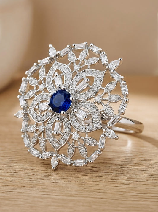 Silver Plated Blue AD Floral Ring for Women