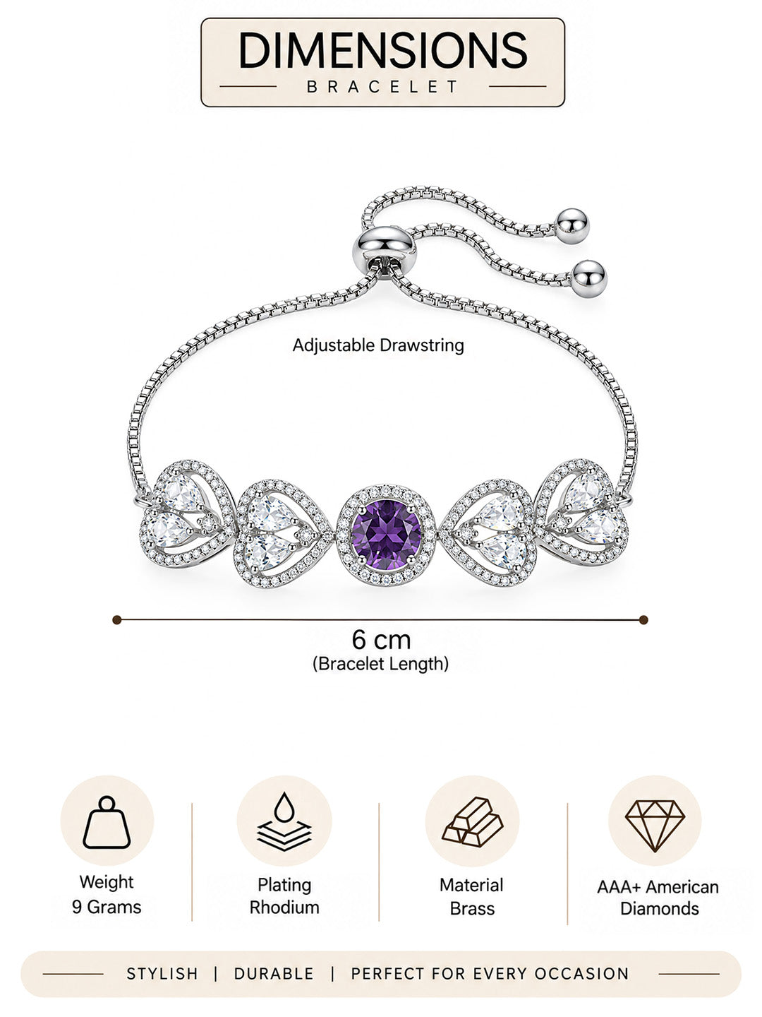 Silver Plated Purple AD Adjustable Bracelet for Women