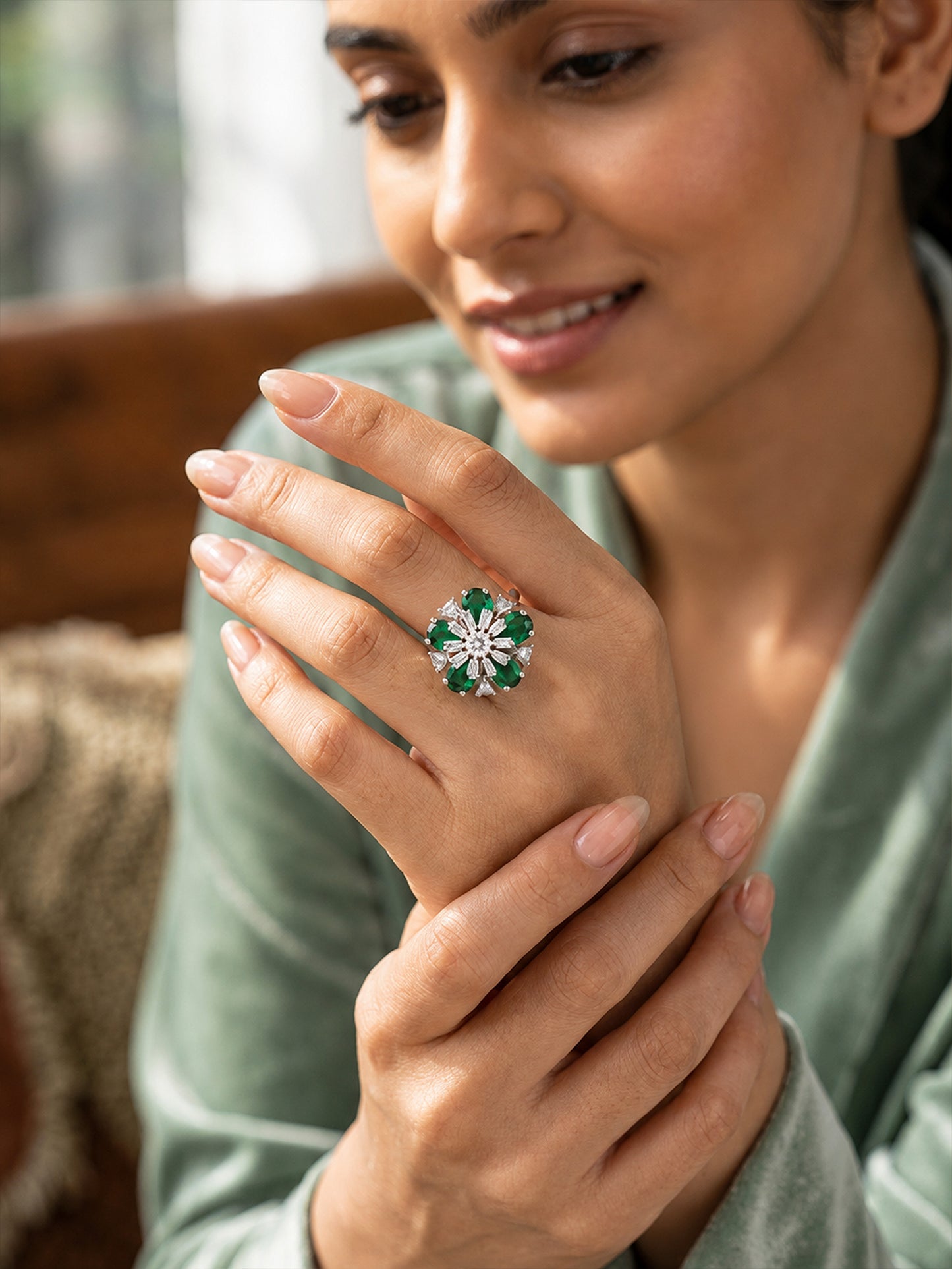 Rhodium Plated Green AD Floral Finger Ring for Women