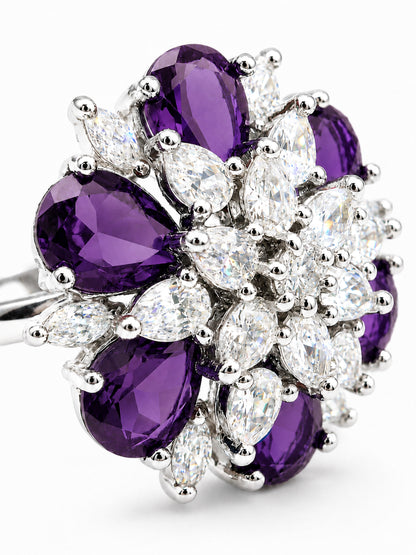 Rhodium Plated Purple AD Floral Finger Ring for Women