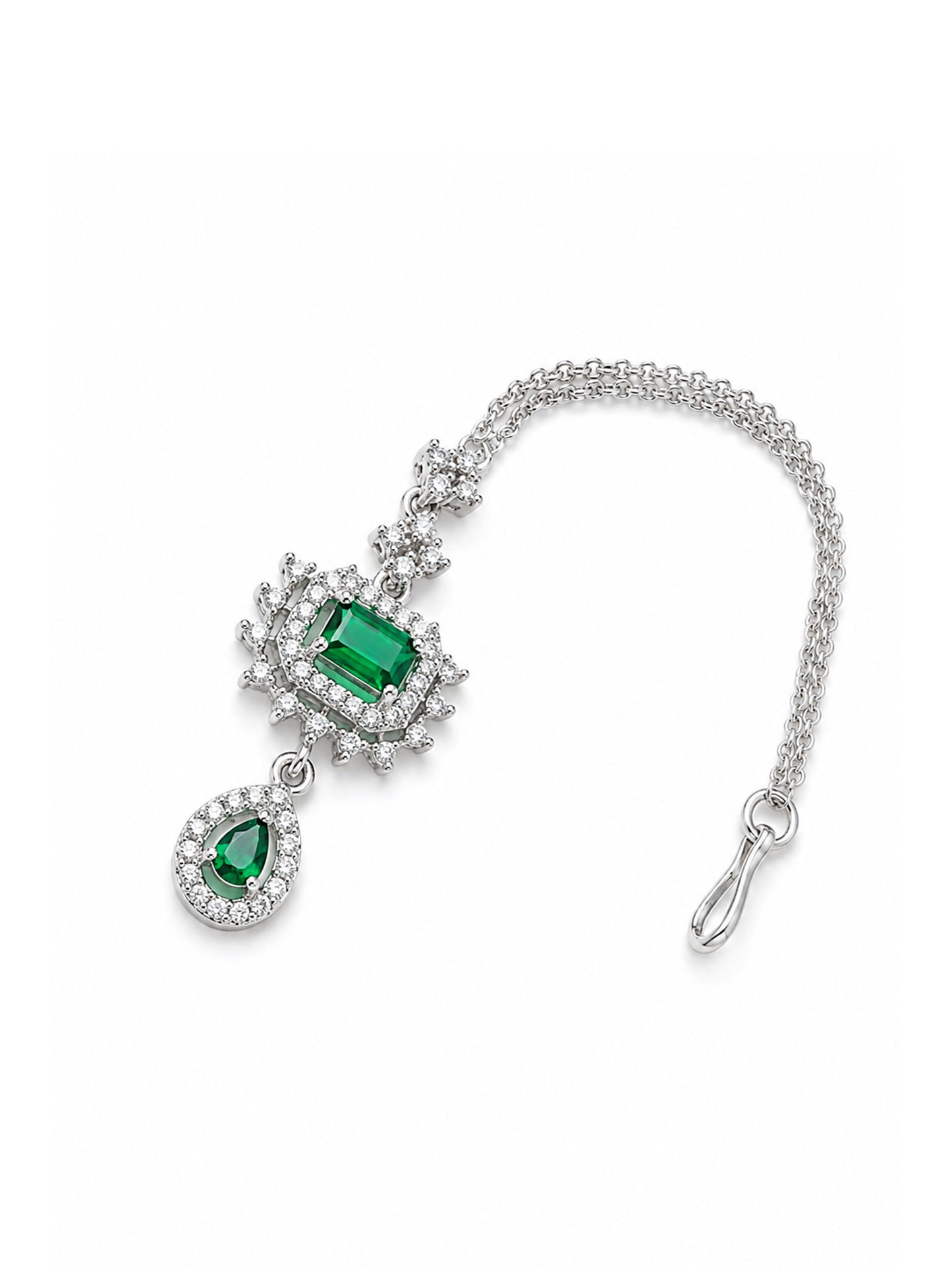 Silver Plated Green AD Maang Tikka for Women