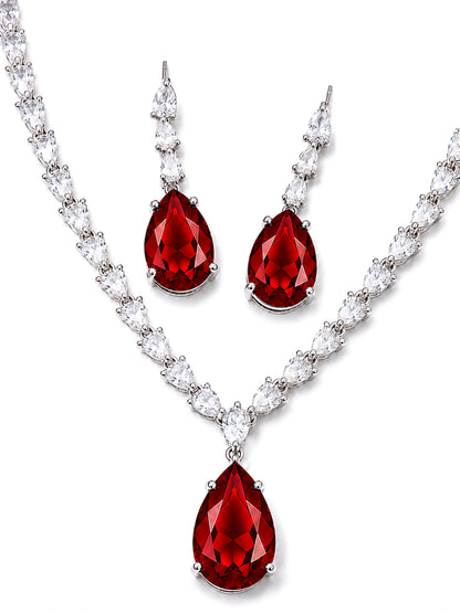 Silver Plated Red Teardrop AD Jewellery Set for Women