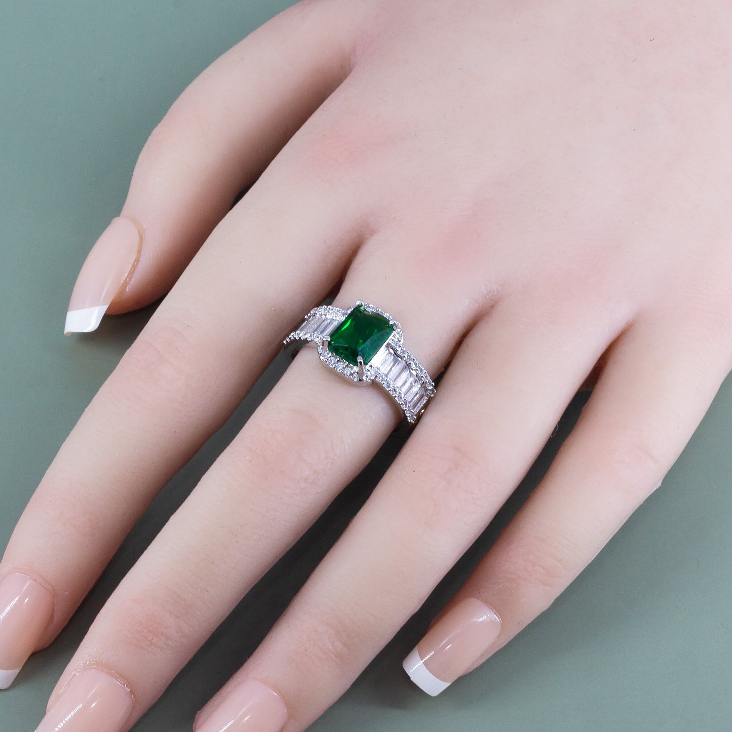 Silver Plated Green American Diamond Adjustable Ring for Women