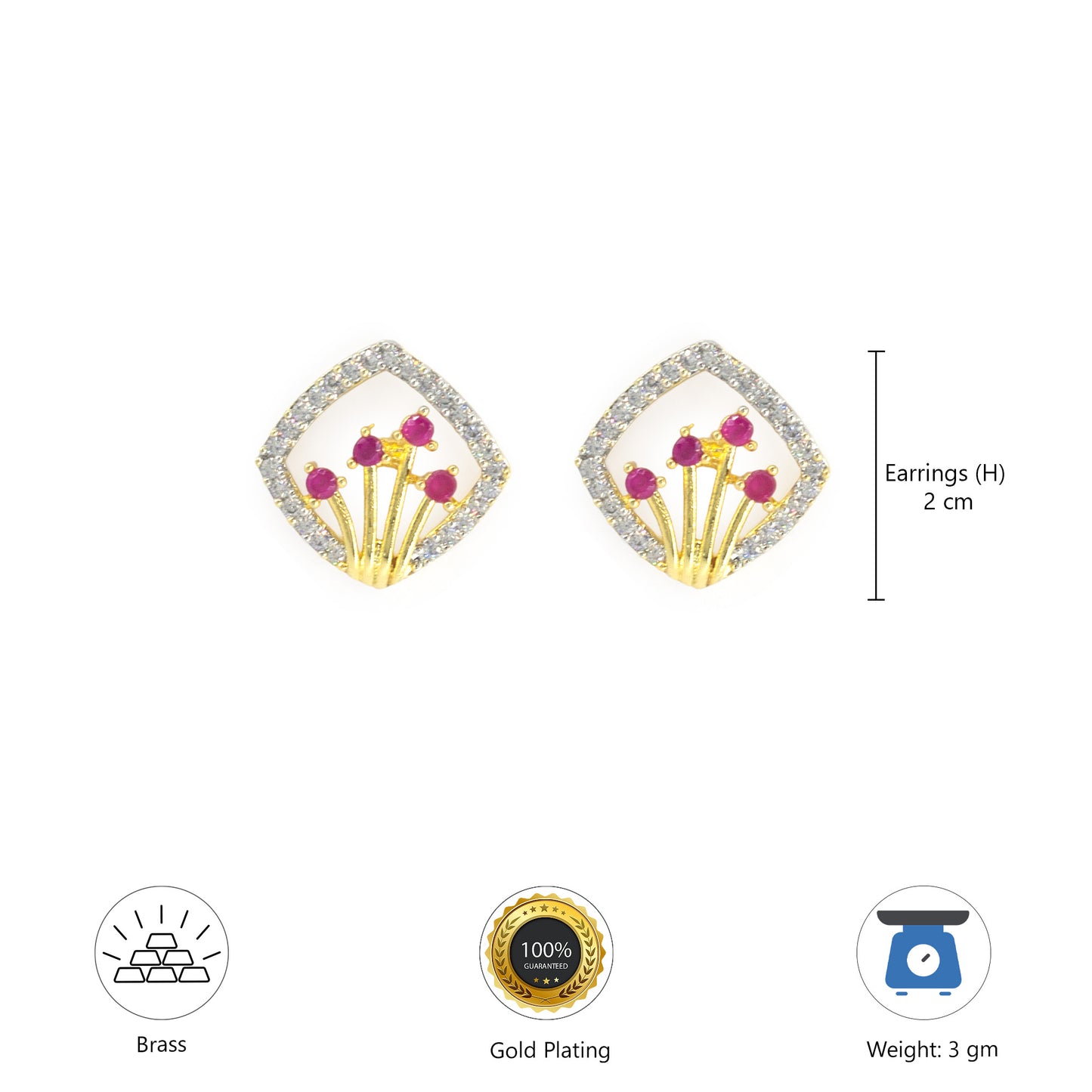 Gold Plated Red AD Stud Earrings for Women