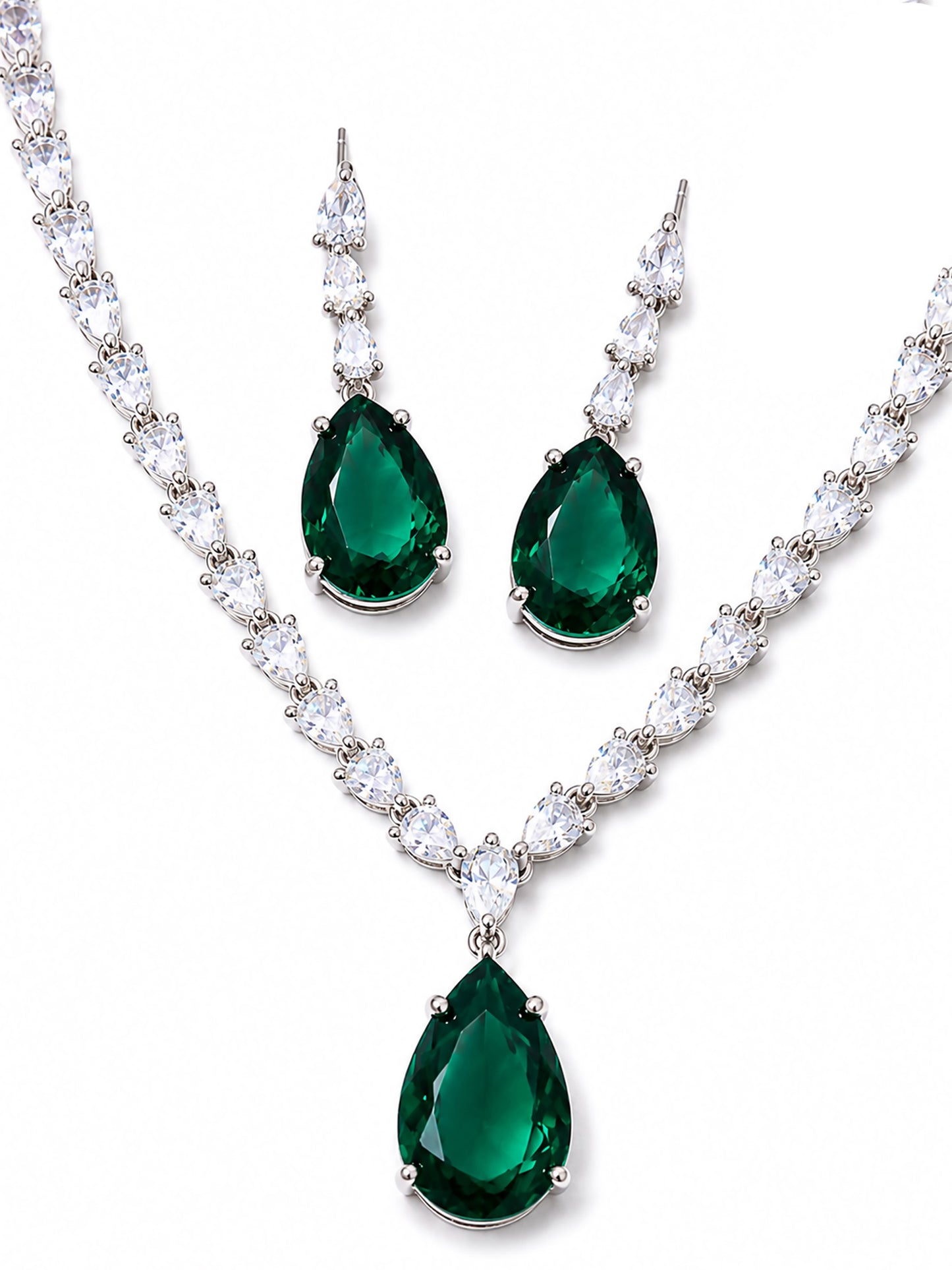 Silver Plated Green Teardrop AD Jewellery Set for Women