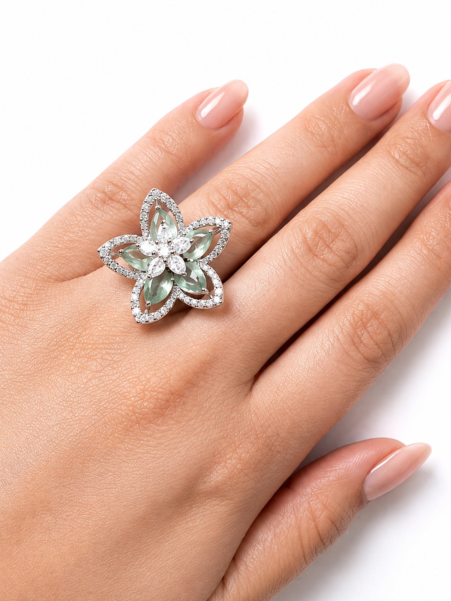 Rhodium Plated Green AD Floral Finger Ring for Women