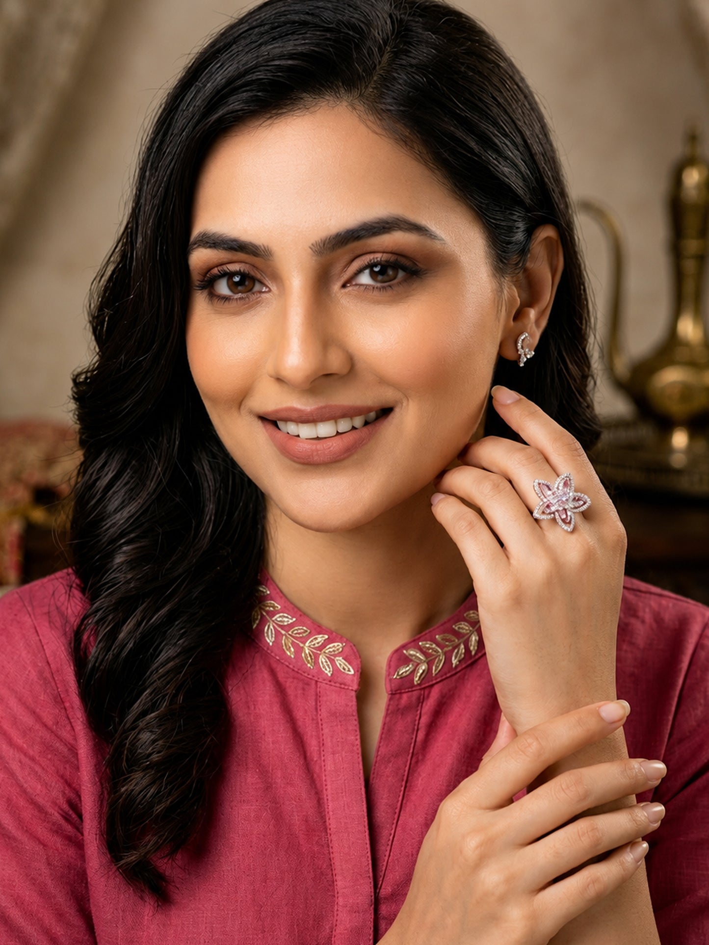 Rhodium Plated Pink AD Floral Finger Ring for Women