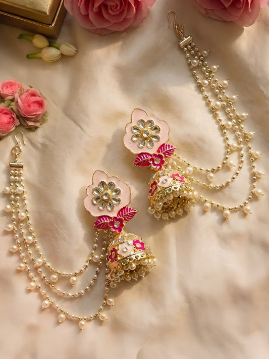 Gold Plated Meenakari Kundan Floral Design Jhumka Earrings with ear Chain for Women