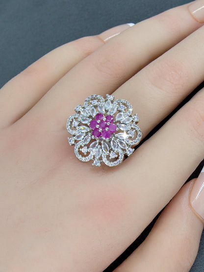 Silver-Plated AD Ruby Cocktail Adjustable Finger Ring
