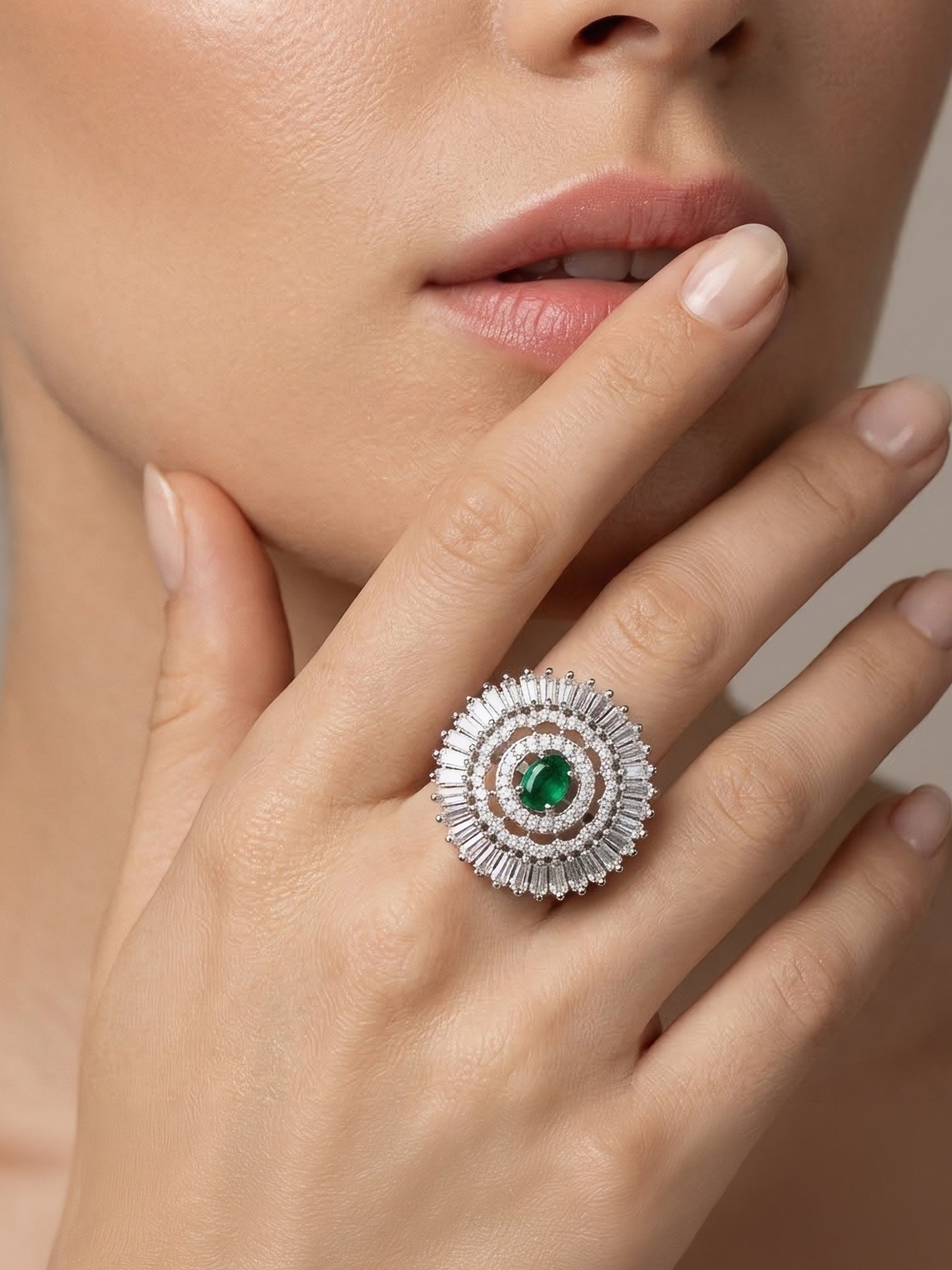 Silver Plated Green AD Round Ring for Women