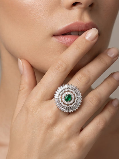 Silver Plated Green AD Round Ring for Women