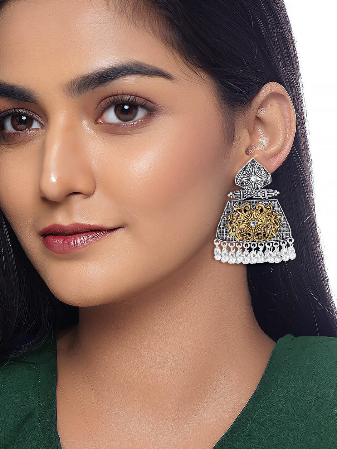 Dual-Tone  Floral Antique Statement Drop Earrings
