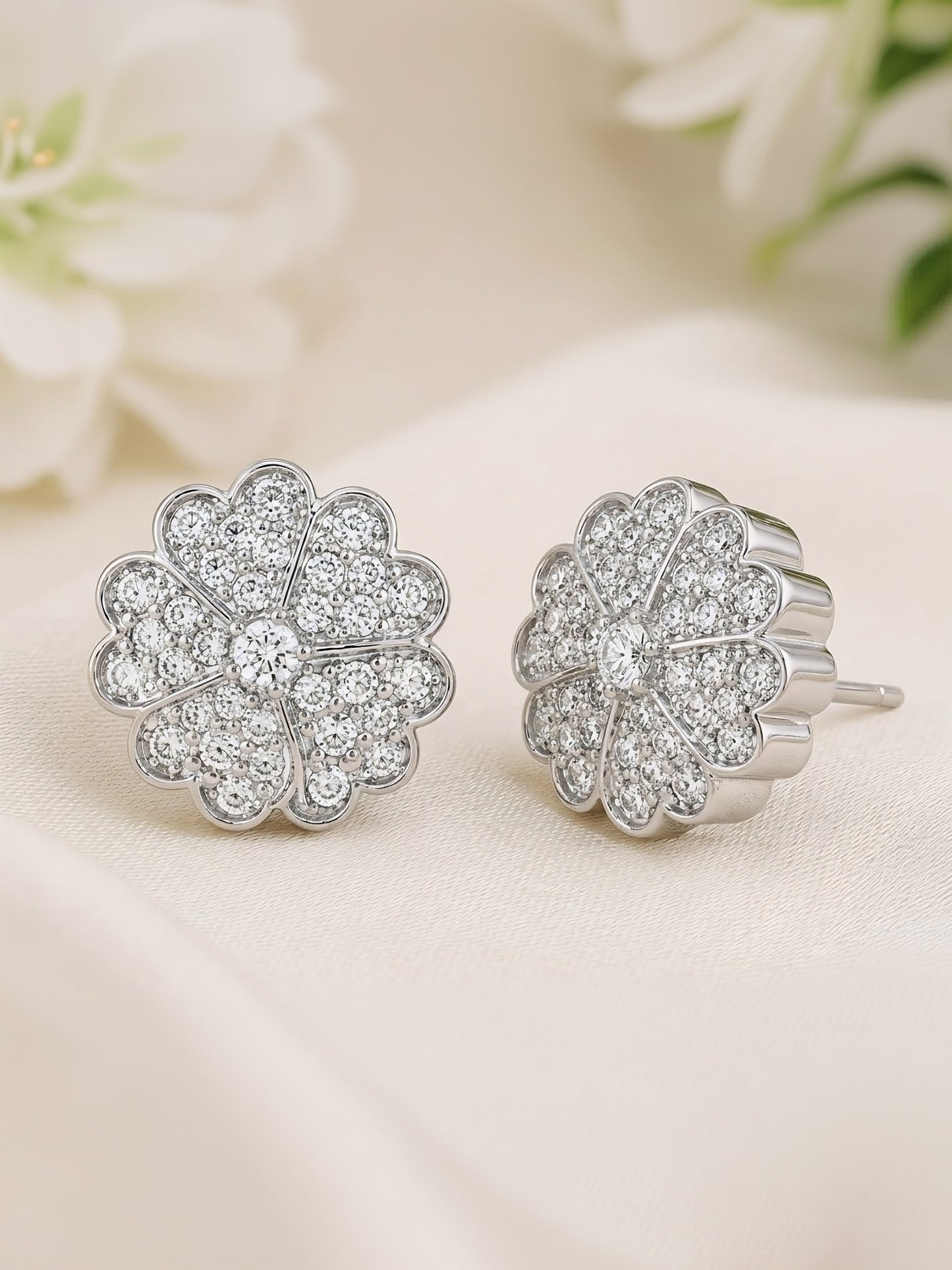 Silver Plated AD Floral Studs for Women