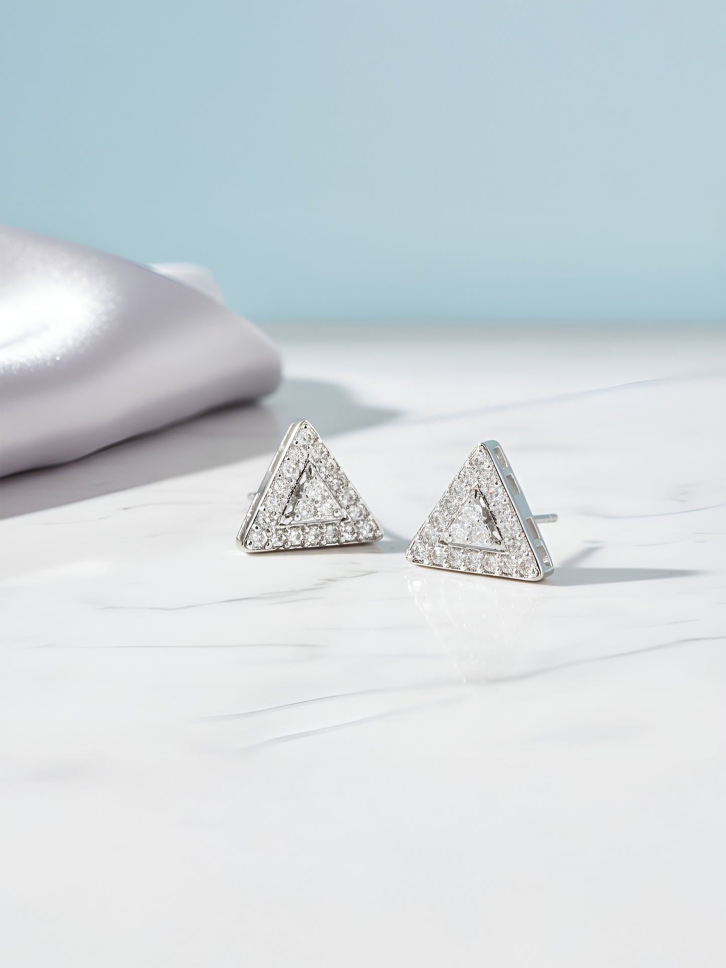Rhodium Plated White AD Triangular Stud Earrings for Women