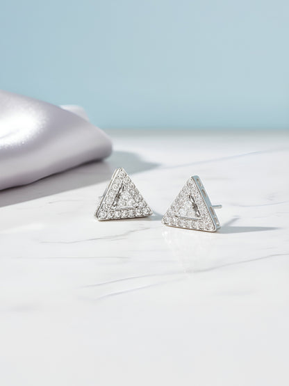 Rhodium Plated White AD Triangular Stud Earrings for Women