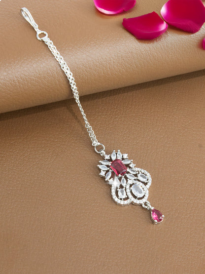 Silver Plated Red AD Studded Floral Drop Maang Tikka