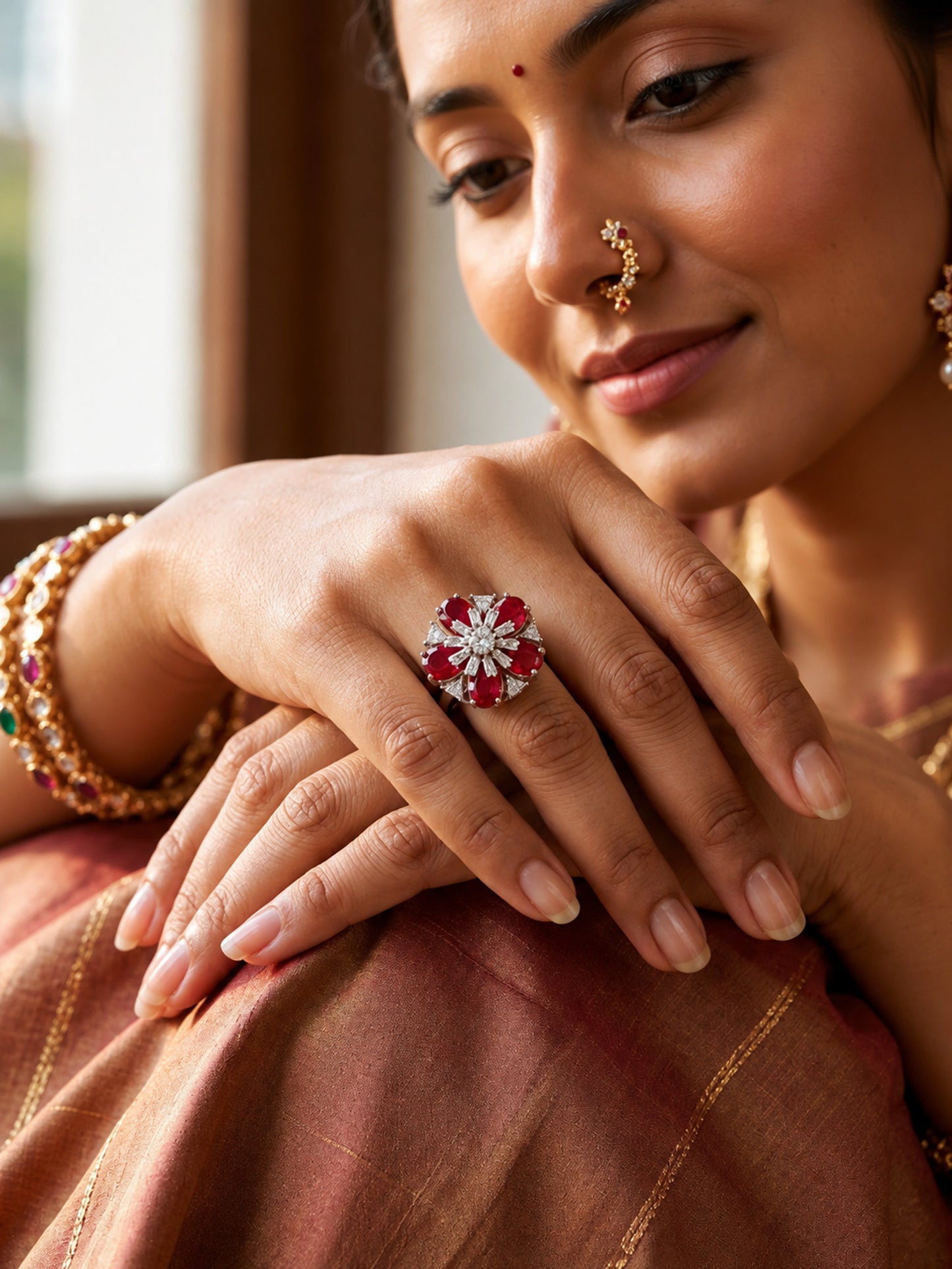 Rhodium Plated Red AD Floral Finger Ring for Women