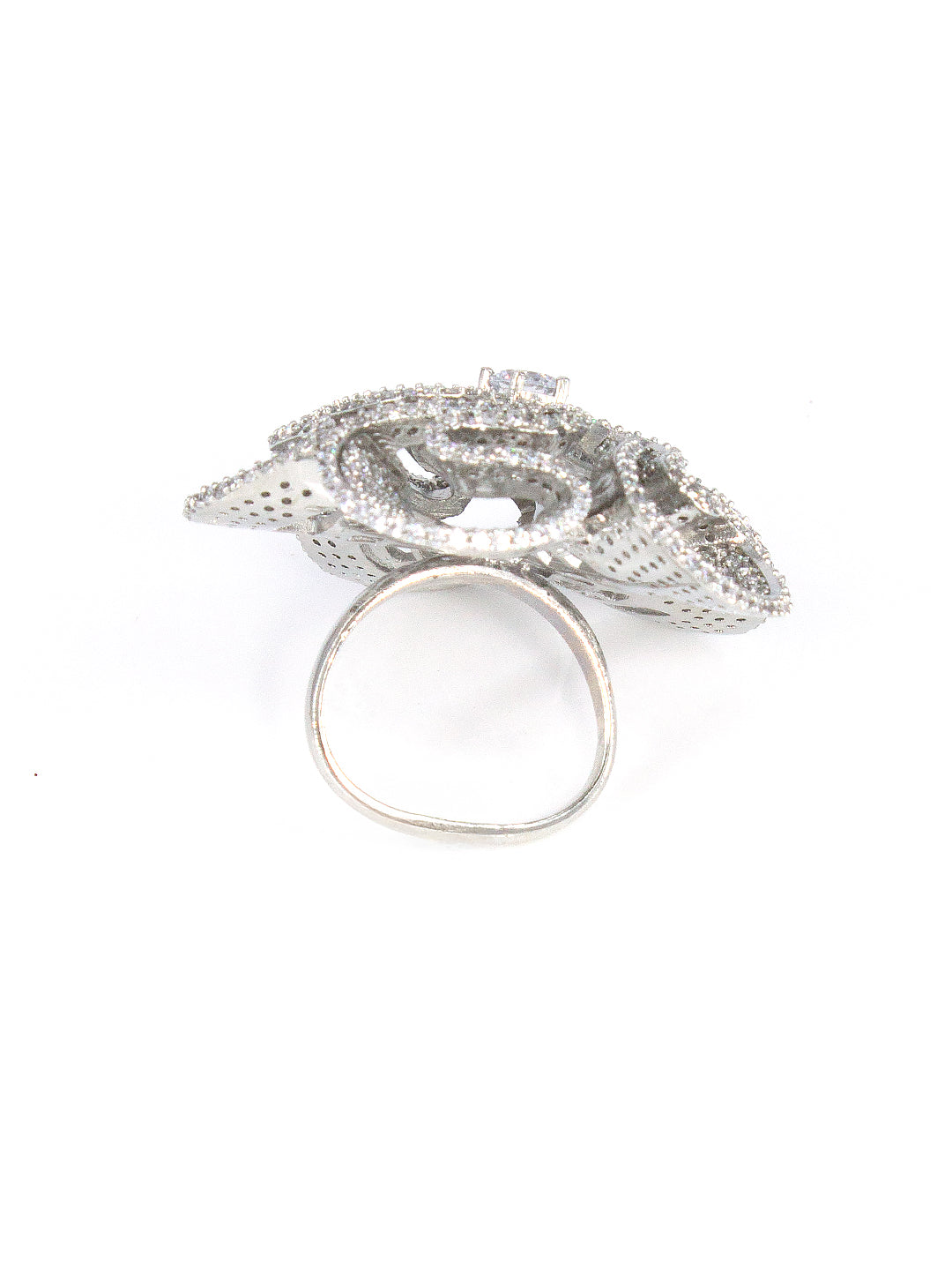 Silver-Plated American-Diamond Big Floral Cocktail Adjustable Finger Ring