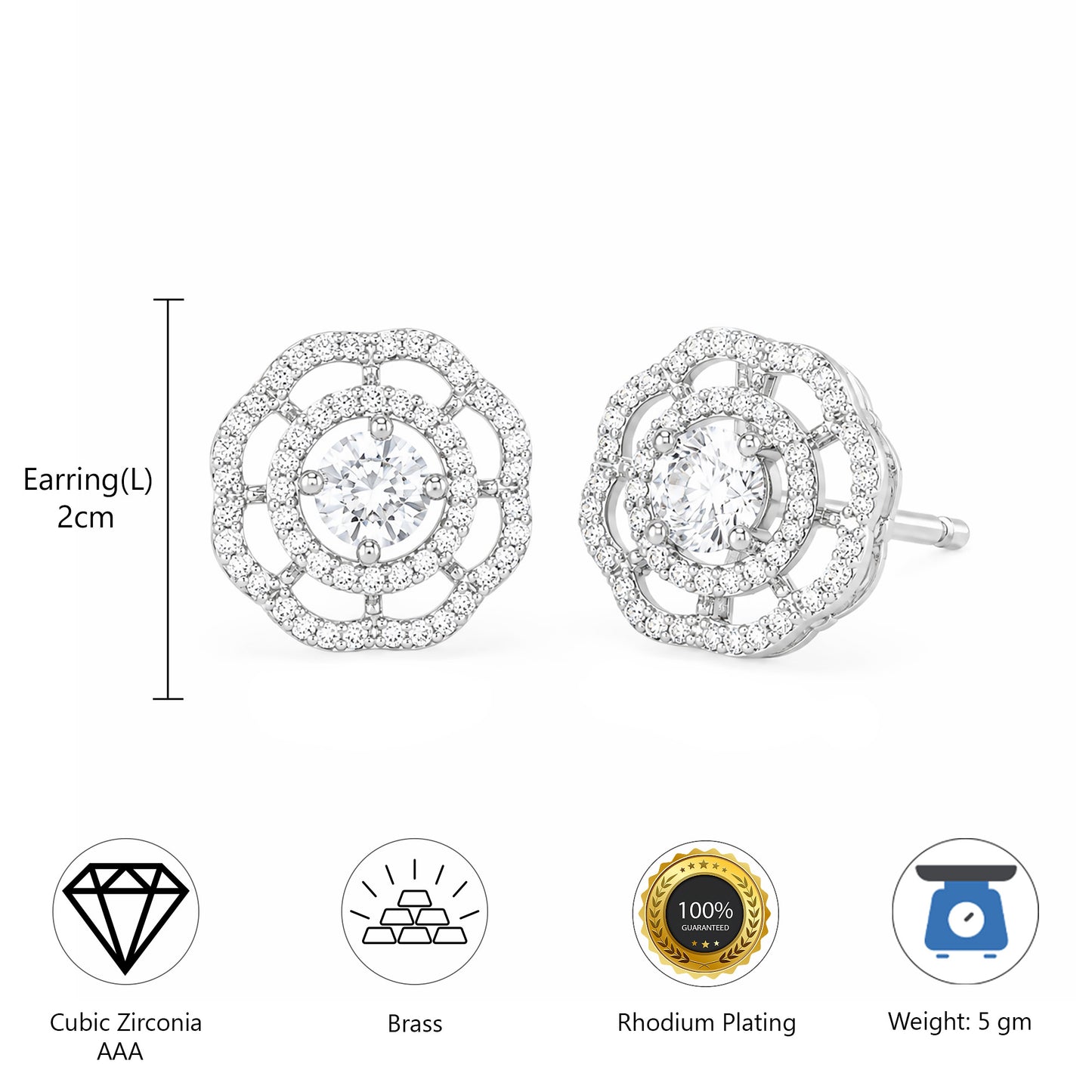 Rhodium Plated AD Studs Earrings for Women