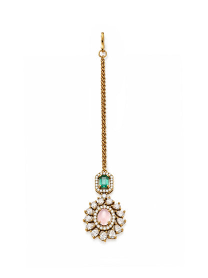 Antique Gold Plated Pink AD Maang Tikka for Women
