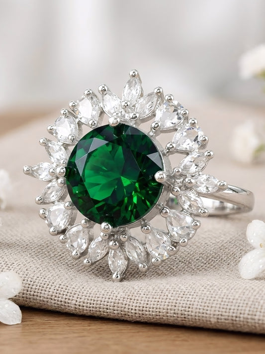 Rhodium Plated Green AD Finger Ring for Women