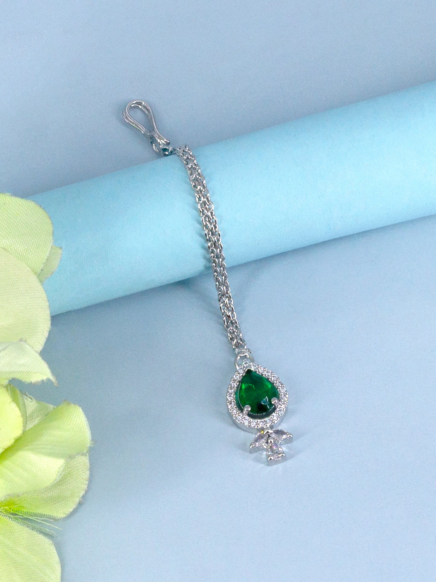 Rhodium Plated Green American Diamond Maang Tikka for Women
