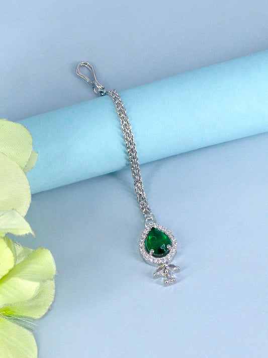 Rhodium Plated Green American Diamond Maang Tikka for Women