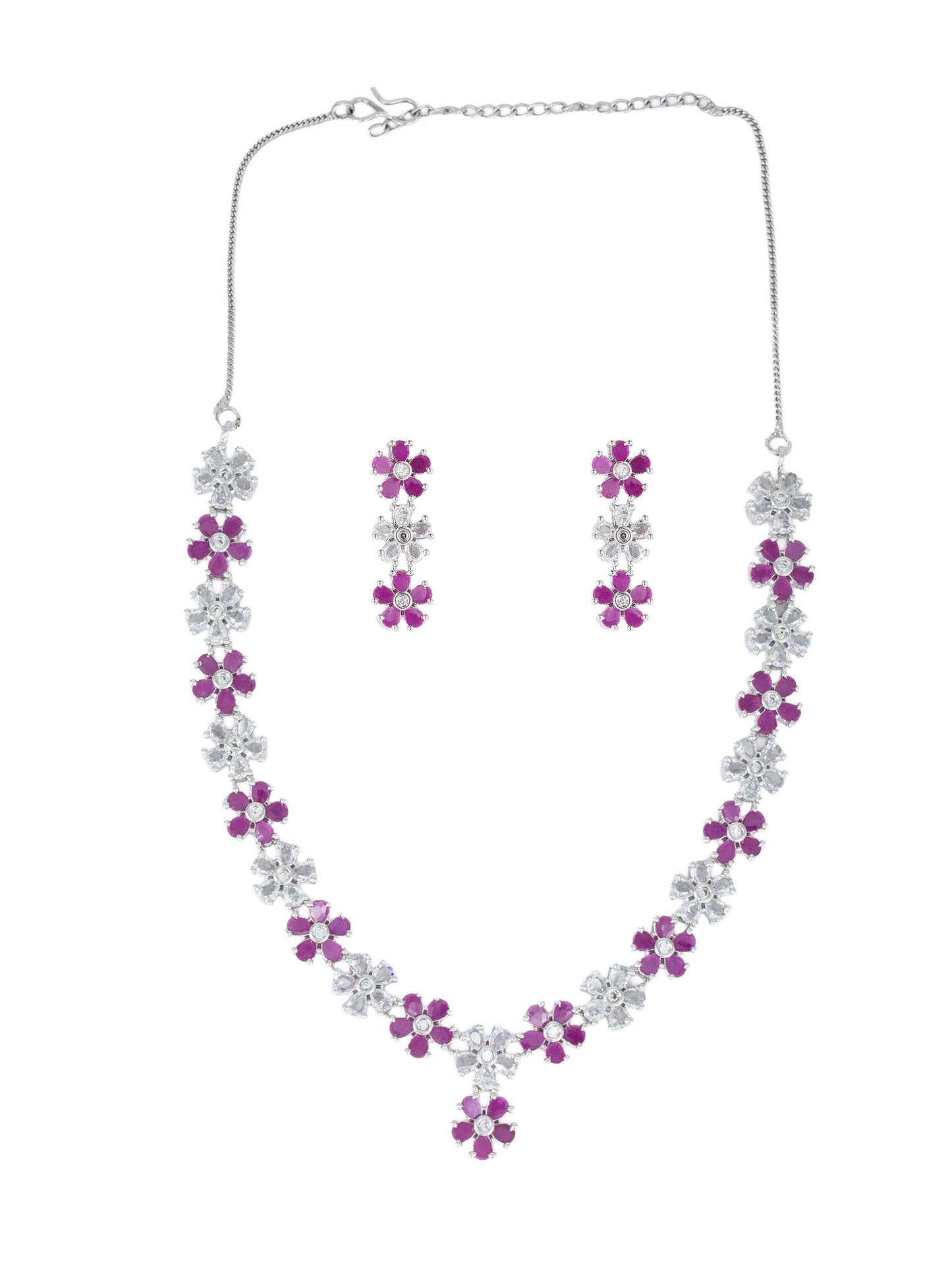 Rhodium Plated Ruby American Diamond Studded Floral Jewellery Set