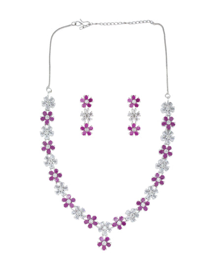 Rhodium Plated Ruby American Diamond Studded Floral Jewellery Set