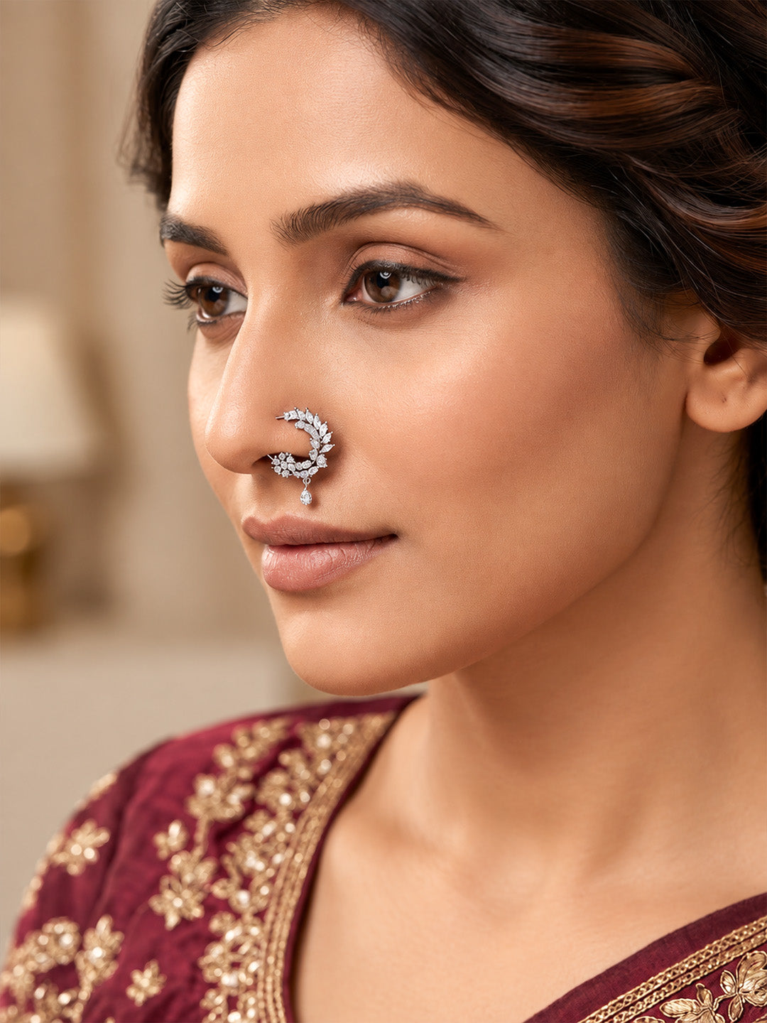 Rhodium Plated American Dimaond Drop Nose Ring