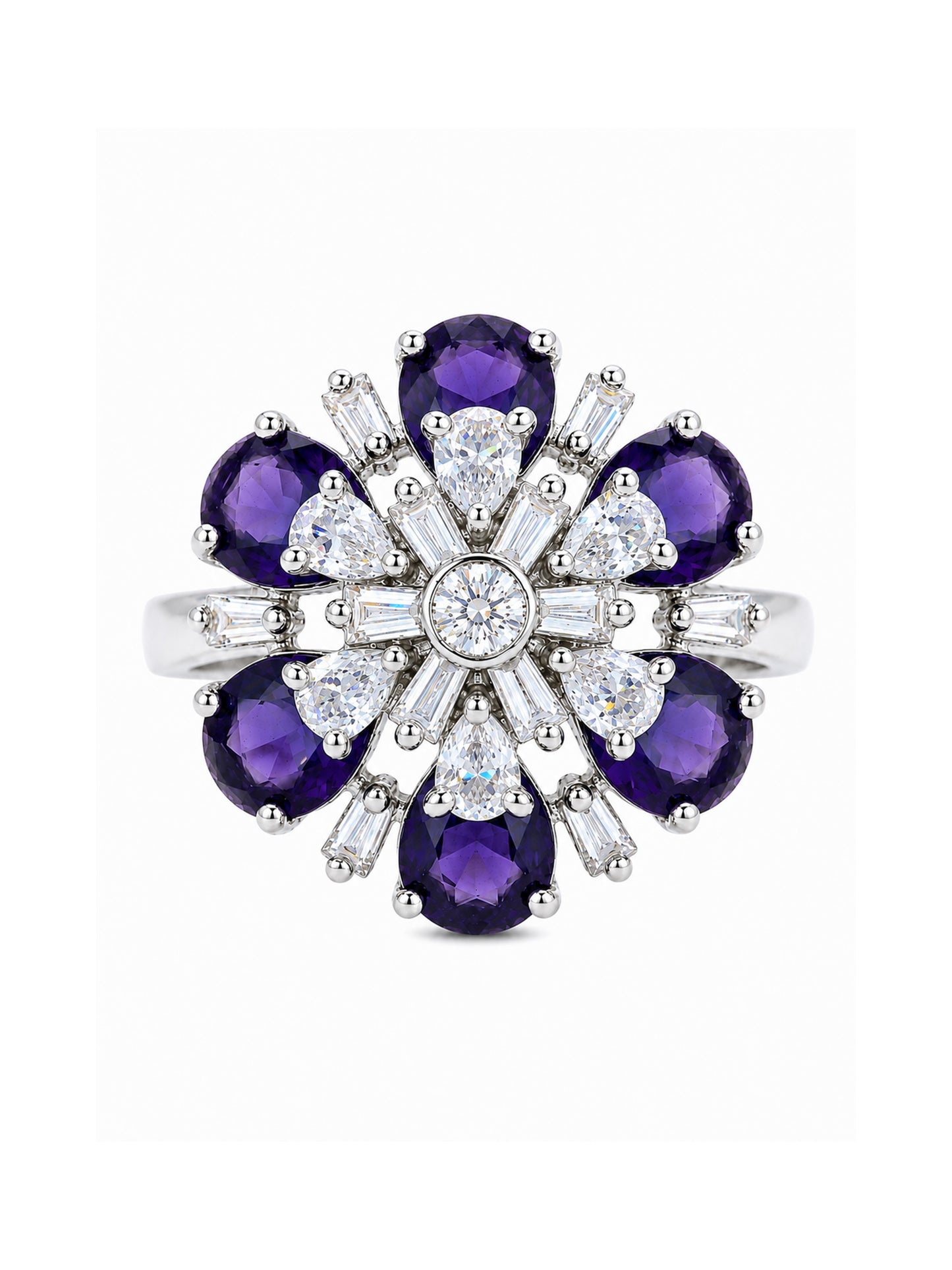 Silver Plated Purple AD Floral Finger Ring for Women