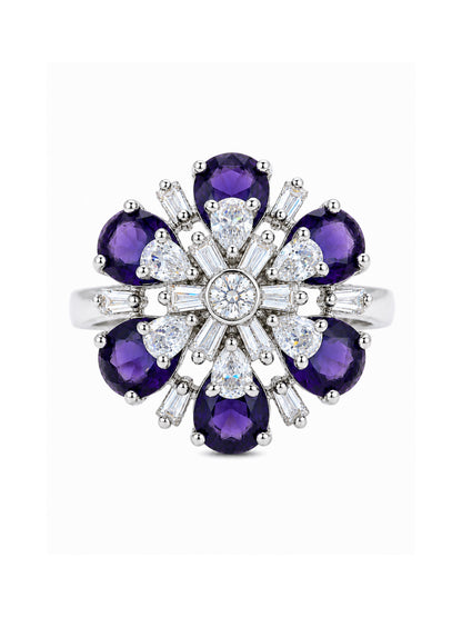Silver Plated Purple AD Floral Finger Ring for Women