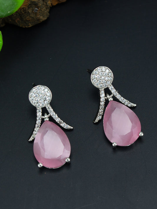 Rhodium Plated American Diamond Studded Teardrop Earrings