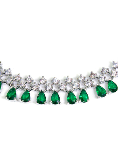 Silver Plated Green AD Sleek Designer Jewellery Set