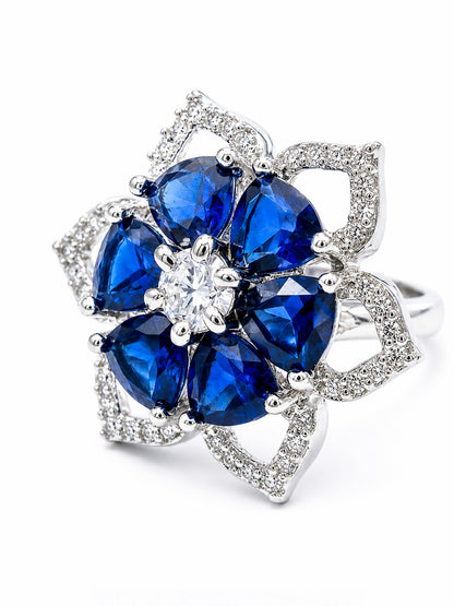 Rhodium Plated Blue AD Floral Finger Ring for Women