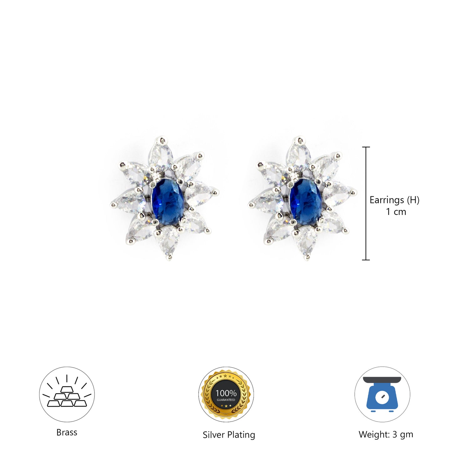 Rhodium Plated Blue AD Floral Studs for Women